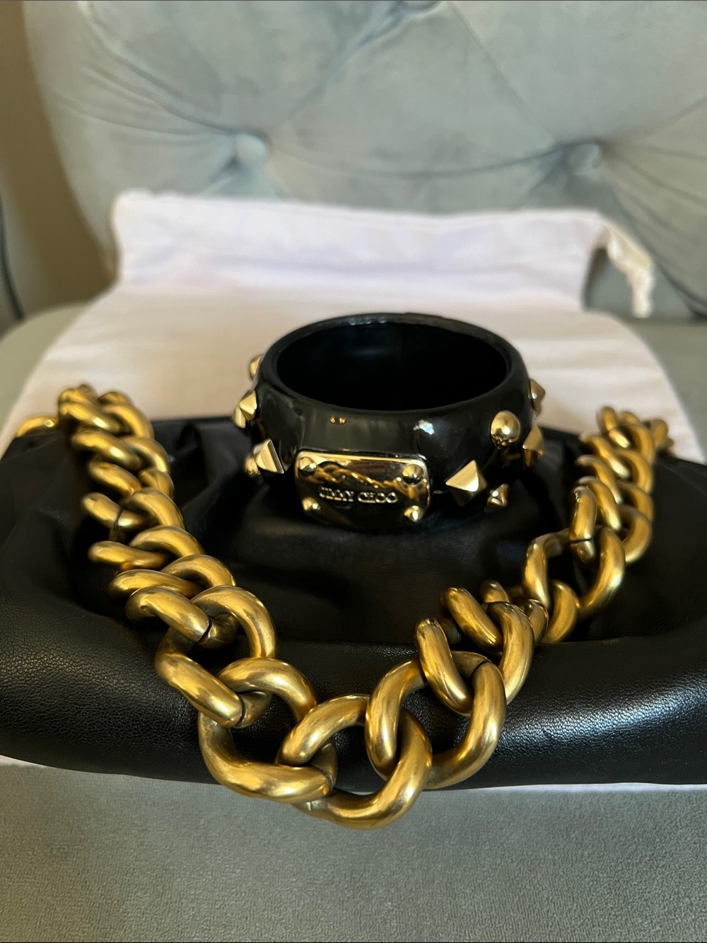Jimmy Choo Black Leather Shoulder Bag with Gold Chain Strap with bangle bracelet - Picture 15 of 15